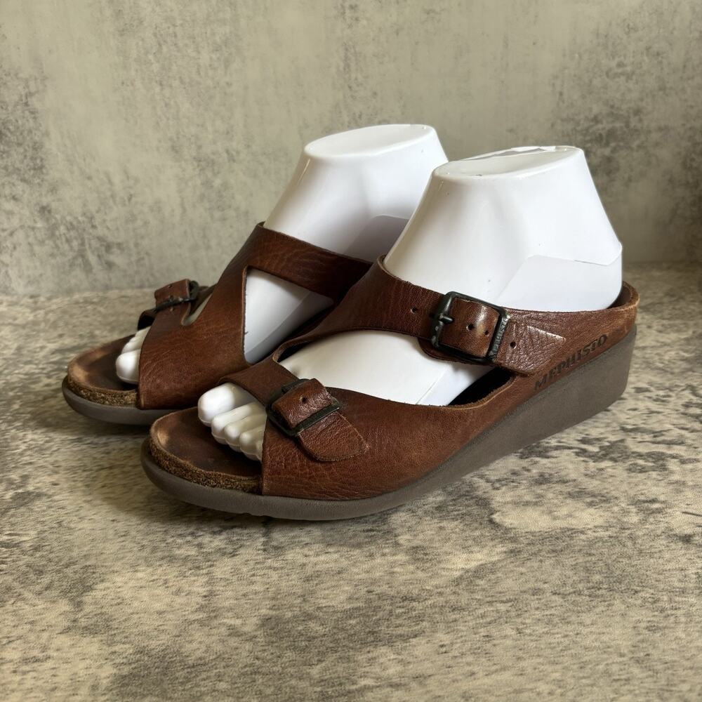 Mephisto Elka Brown Leather Sandals Wedge Heel Open Toe Comfort Minimalist 38